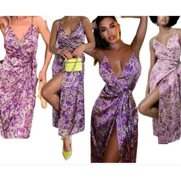 Zara Lavendar Paisley Satin Effect Wrap Midi Dress Womens Large - Picture 1 of 4